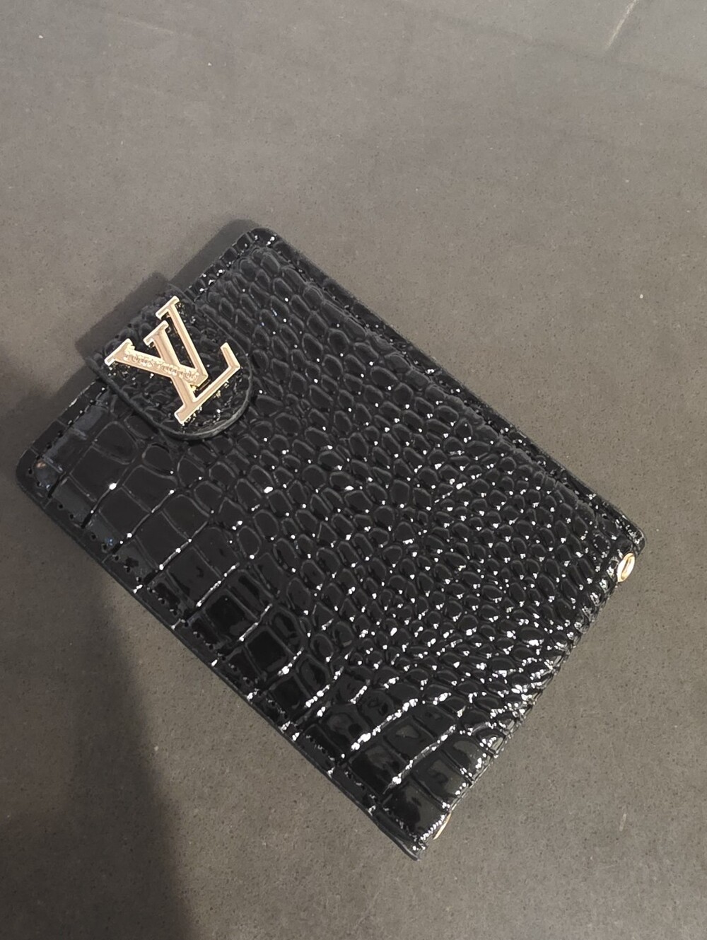 Source Unknown New Black Croc-Embossed Card Holder with Gold LV Accent